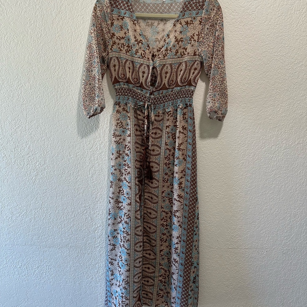 Bohemian Maxi Dress with Blue and Brown Patterns